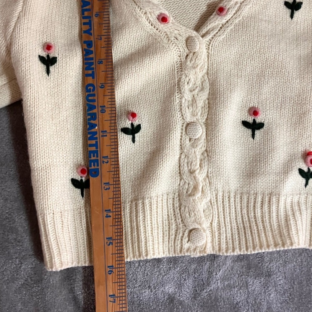 Cropped Cardigan Cream Floral Embroidered Short Sleeve Small Cottagecore Teacher - Picture 3 of 7